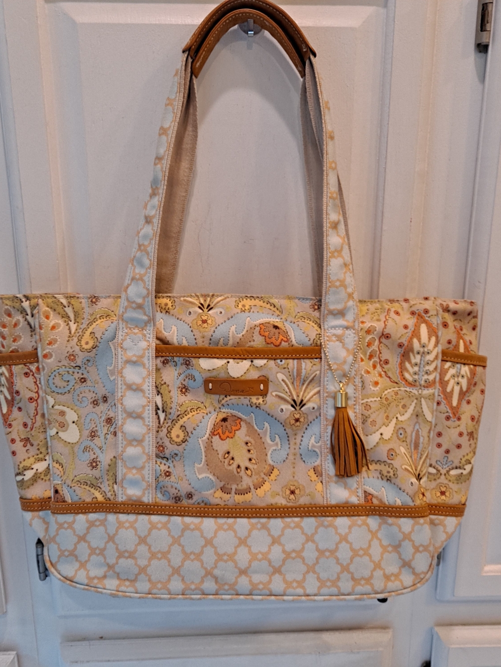 Dena Kumari Floral Paisley Canvas North-SouthTote Tan Leather Trim W/Wallet